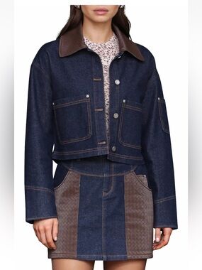 NEW! 7 FOR ALL MANKIND Faux Leather Collar Crop Denim Jacket Size XS